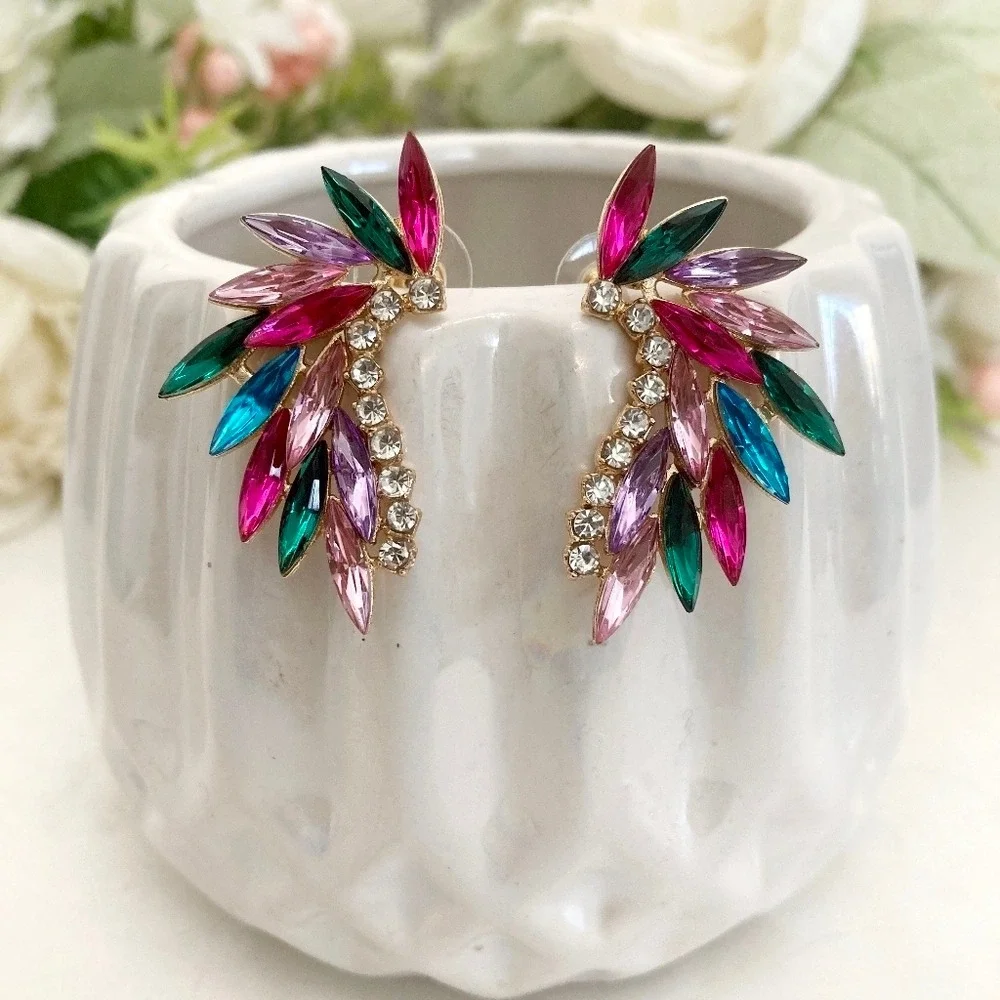 Gold Tone Multicolor Marquise Rhinestone Statement Earrings wedding party 💖
